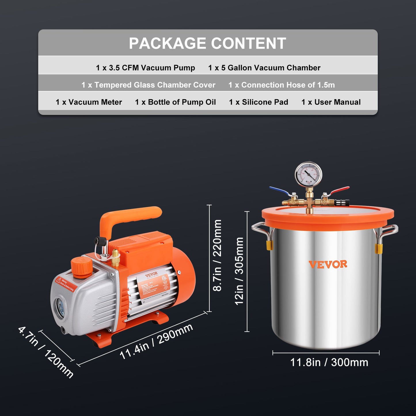 5 Gallon Vacuum Chamber and 3.5 CFM Pump Kit, Tempered Glass Lid Vacuum Degassing Chamber Kit, Single Stage Vacuum Pump with 250ml Oil Bottle, for Wood Stabilization, Degassing Silicones, Epoxies