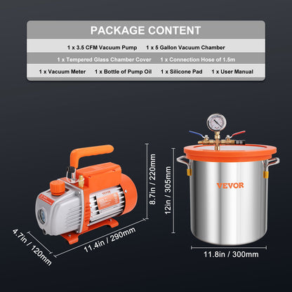 5 Gallon Vacuum Chamber and 3.5 CFM Pump Kit, Tempered Glass Lid Vacuum Degassing Chamber Kit, Single Stage Vacuum Pump with 250ml Oil Bottle, for Wood Stabilization, Degassing Silicones, Epoxies