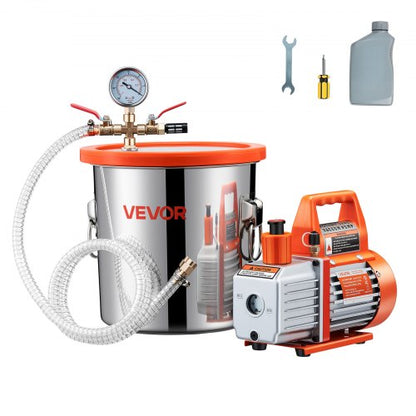 3 Gallon Vacuum Chamber with Pump, 3.5 CFM, Stainless Steel Degassing Chamber Kit, Single Stage Vacuum Pump, Tempered Glass Lid, 4.92 ft Hose, Oil, for Stabilizing Wood Degassing Silicone Resin