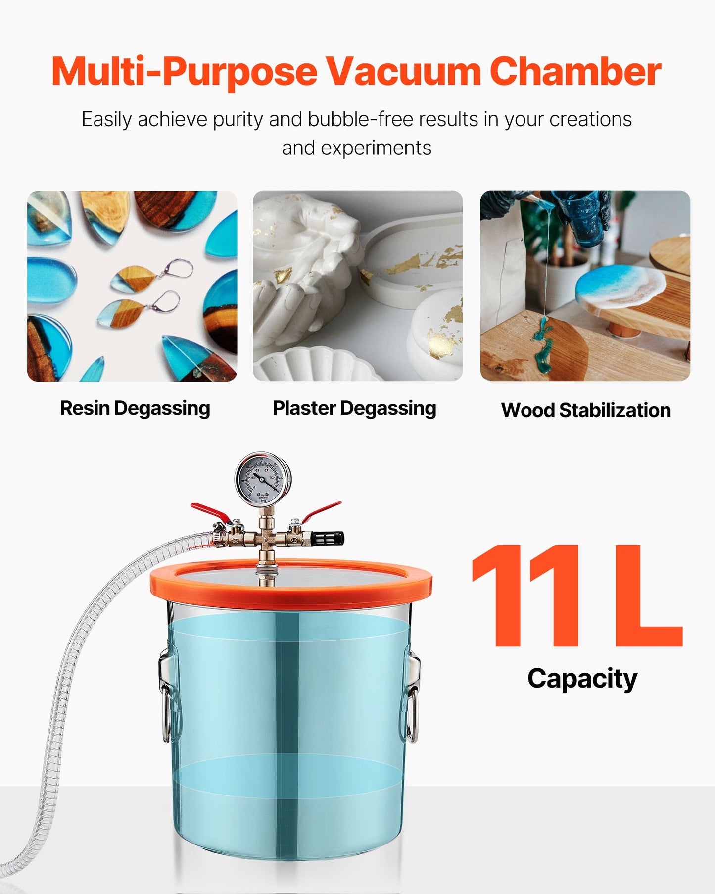 3 Gallon Vacuum Chamber with Pump, 3.5 CFM, Stainless Steel Degassing Chamber Kit, Single Stage Vacuum Pump, Tempered Glass Lid, 4.92 ft Hose, Oil, for Stabilizing Wood Degassing Silicone Resin