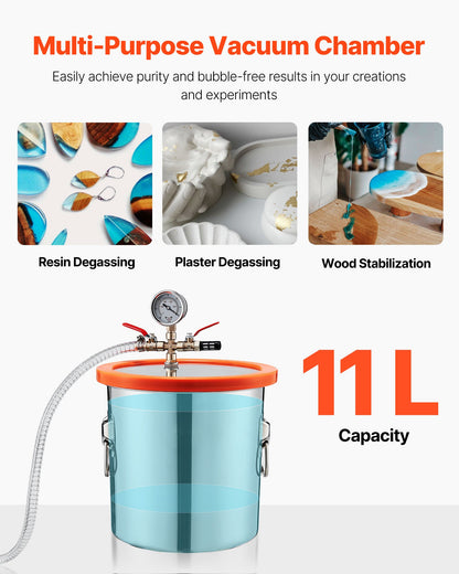 3 Gallon Vacuum Chamber with Pump, 3.5 CFM, Stainless Steel Degassing Chamber Kit, Single Stage Vacuum Pump, Tempered Glass Lid, 4.92 ft Hose, Oil, for Stabilizing Wood Degassing Silicone Resin