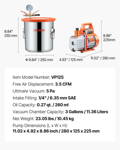 3 Gallon Vacuum Chamber with Pump, 3.5 CFM, Stainless Steel Degassing Chamber Kit, Single Stage Vacuum Pump, Tempered Glass Lid, 4.92 ft Hose, Oil, for Stabilizing Wood Degassing Silicone Resin