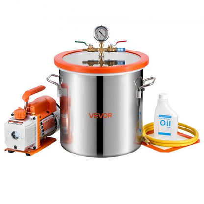 5 Gallon Vacuum Chamber with Pump, 3.5 CFM, Single Stage Vacuum Pump, Stainless Steel Degassing Chamber Kit with Tempered Glass Lid, 5 ft Hose, for Stabilizing Wood Degassing Silicone Resin