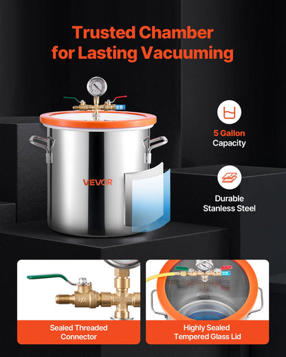 5 Gallon Vacuum Chamber with Pump, 3.5 CFM, Single Stage Vacuum Pump, Stainless Steel Degassing Chamber Kit with Tempered Glass Lid, 5 ft Hose, for Stabilizing Wood Degassing Silicone Resin