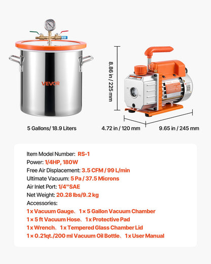 5 Gallon Vacuum Chamber with Pump, 3.5 CFM, Single Stage Vacuum Pump, Stainless Steel Degassing Chamber Kit with Tempered Glass Lid, 5 ft Hose, for Stabilizing Wood Degassing Silicone Resin