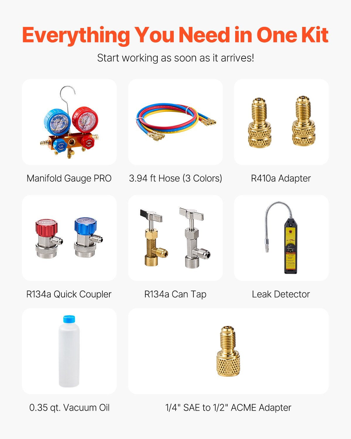 4.5 CFM single stage rotary vane vacuum pump and gauge kit compatible with R134a, R22, R12, R502, R502, R410a, R404 and R407C refrigerants