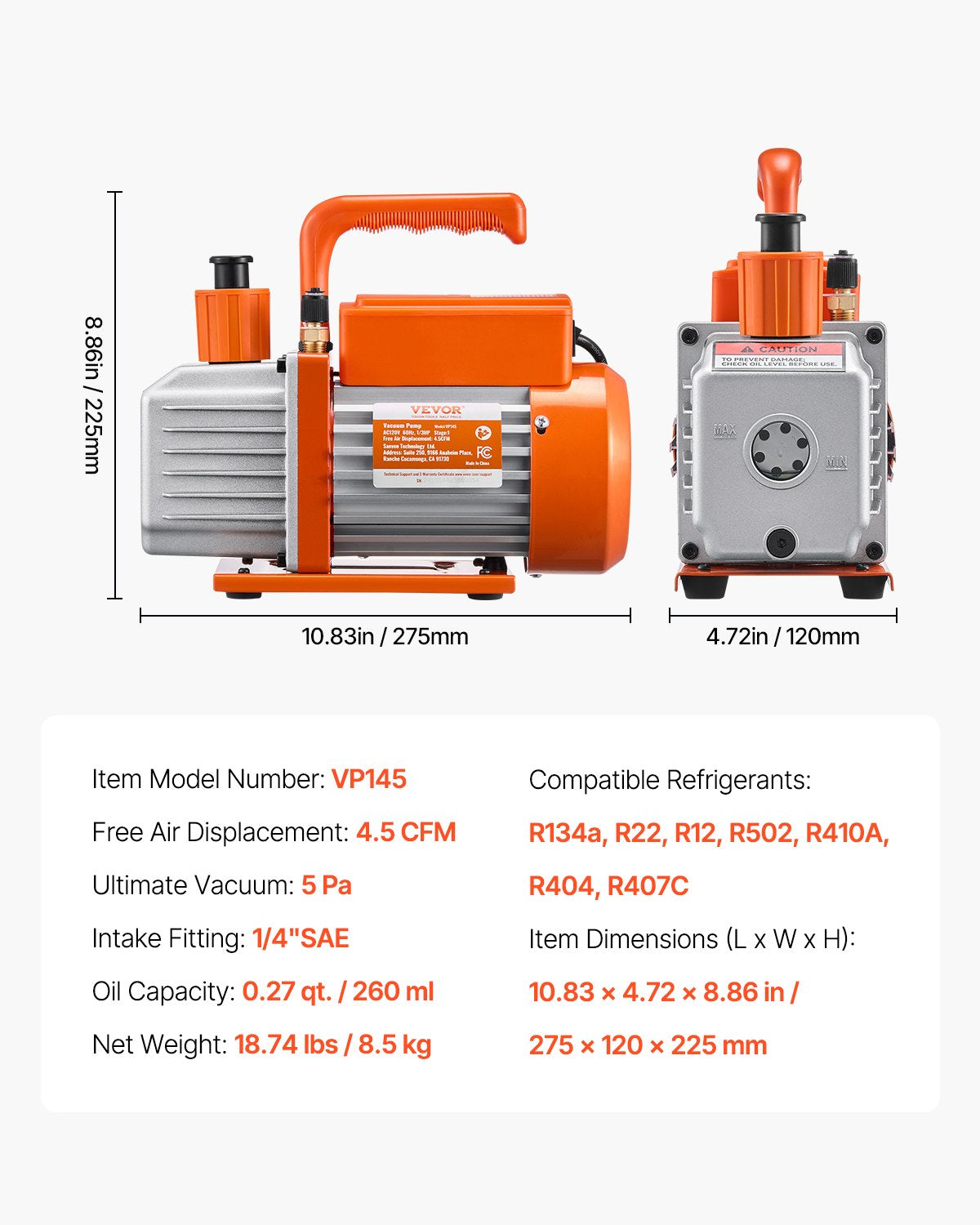 4.5 CFM single stage rotary vane vacuum pump and gauge kit compatible with R134a, R22, R12, R502, R502, R410a, R404 and R407C refrigerants