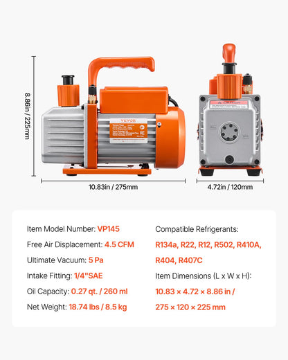 4.5 CFM single stage rotary vane vacuum pump and gauge kit compatible with R134a, R22, R12, R502, R502, R410a, R404 and R407C refrigerants
