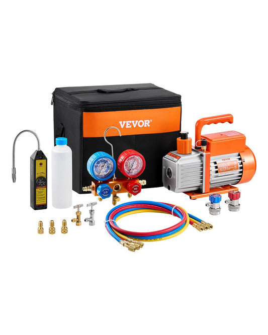 4.5 CFM single stage rotary vane vacuum pump and gauge kit compatible with R134a, R22, R12, R502, R502, R410a, R404 and R407C refrigerants