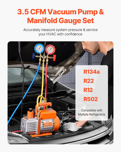 3.5 CFM AC Vacuum Pump and Gauge Set, Single Stage Rotary Vane HVAC Air Vacuum Pump, A/C Refrigerant Manifold Gauge Kit, with Hoses, Air Conditioning Refrigeration for R134a, R12, R22, R502a