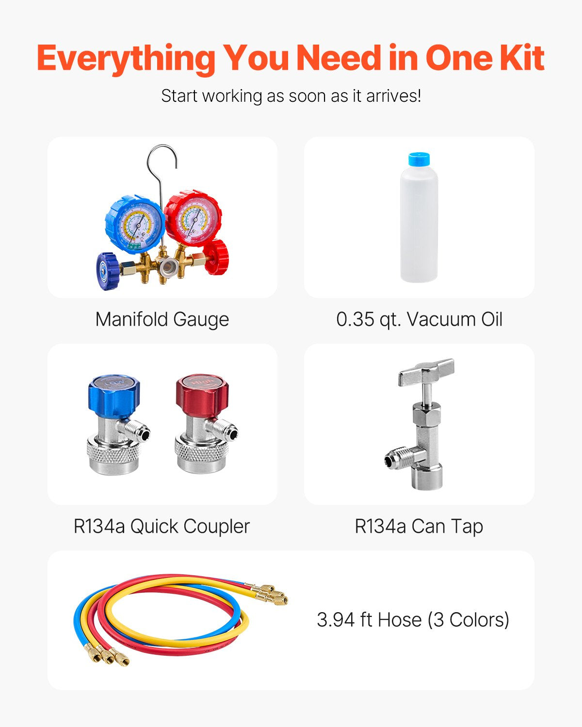 3.5 CFM HVAC single stage rotary vane vacuum pump and manifold measurement kit compatible with R134a, R22, R12 and R502 refrigerants