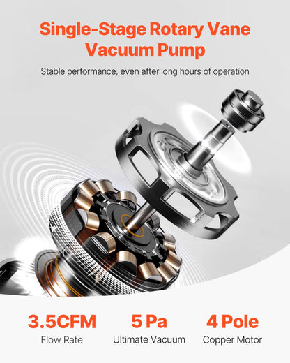 3.5 CFM HVAC single stage rotary vane vacuum pump and manifold measurement kit compatible with R134a, R22, R12 and R502 refrigerants