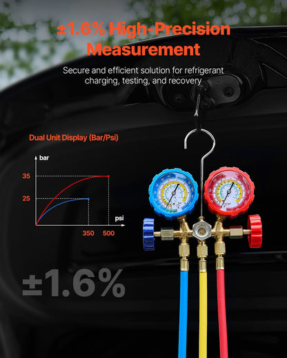 3.5 CFM HVAC single stage rotary vane vacuum pump and manifold measurement kit compatible with R134a, R22, R12 and R502 refrigerants