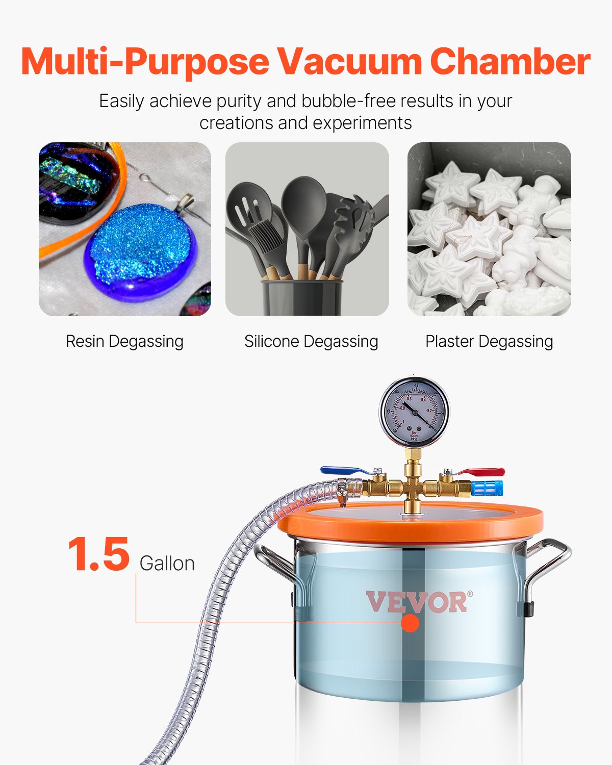 1.5 Gallon Vacuum Chamber and 3.5 CFM Pump Kit, Stainless Steel Chamber, Single Stage Vacuum Pump Degassing Chamber Kit, with Acrylic Lid, Oil, 4.92 ft Hose, for Degassing Resin Silicone Epoxies