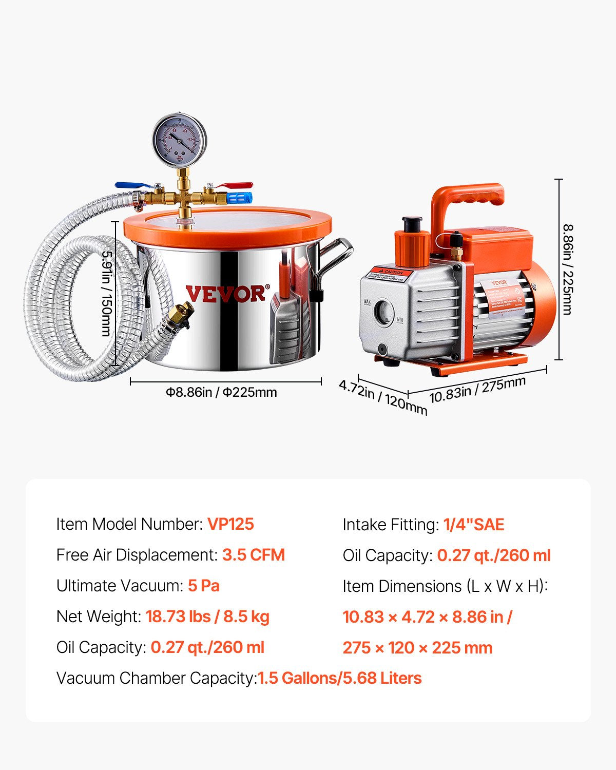 1.5 Gallon Vacuum Chamber and 3.5 CFM Pump Kit, Stainless Steel Chamber, Single Stage Vacuum Pump Degassing Chamber Kit, with Acrylic Lid, Oil, 4.92 ft Hose, for Degassing Resin Silicone Epoxies