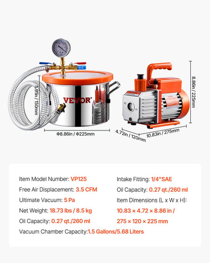1.5 Gallon Vacuum Chamber and 3.5 CFM Pump Kit, Stainless Steel Chamber, Single Stage Vacuum Pump Degassing Chamber Kit, with Acrylic Lid, Oil, 4.92 ft Hose, for Degassing Resin Silicone Epoxies