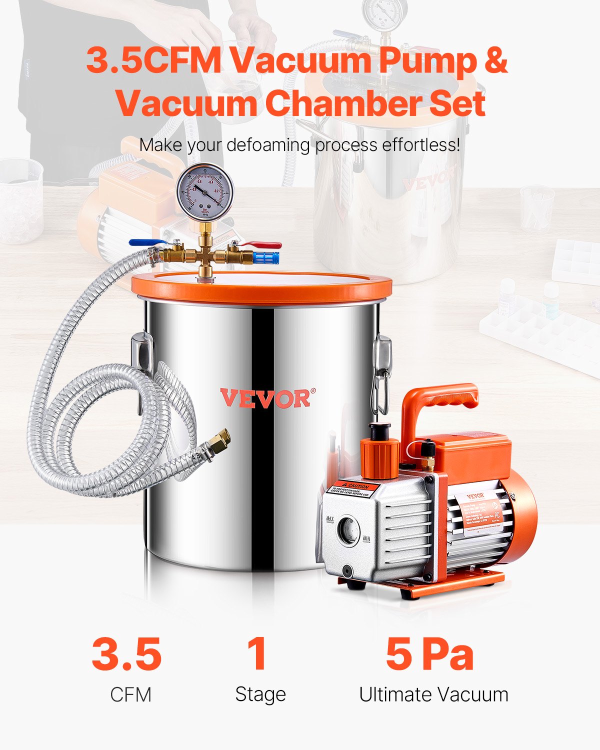 5 Gallon Vacuum Chamber and 3.5 CFM Pump Kit, Stainless Steel Chamber, Single Stage Vacuum Pump Degassing Chamber Kit, with Acrylic Lid, Oil, 4.92 ft Hose, for Degassing Resin Silicone Epoxies