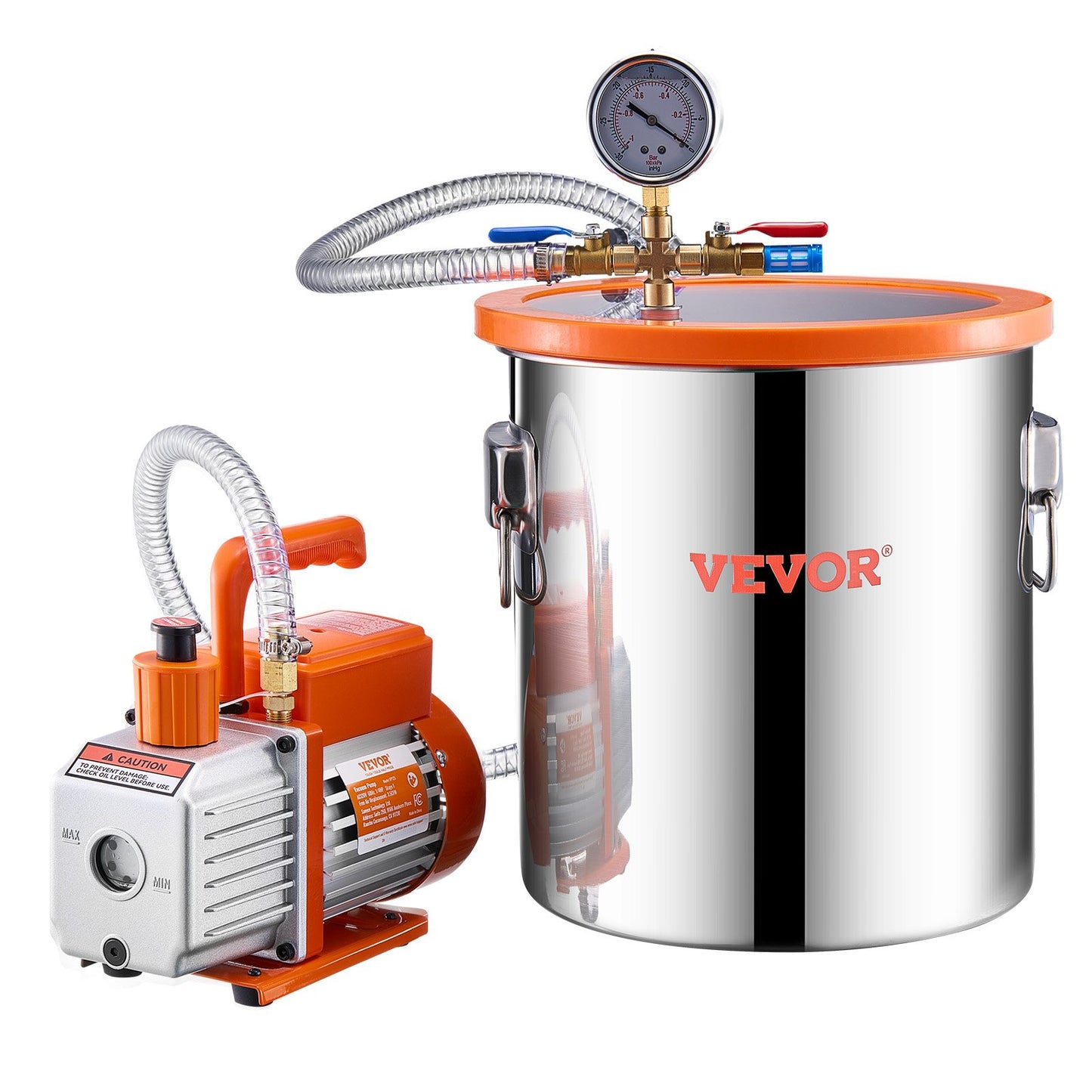 5 Gallon Vacuum Chamber and 3.5 CFM Pump Kit, Stainless Steel Chamber, Single Stage Vacuum Pump Degassing Chamber Kit, with Acrylic Lid, Oil, 4.92 ft Hose, for Degassing Resin Silicone Epoxies