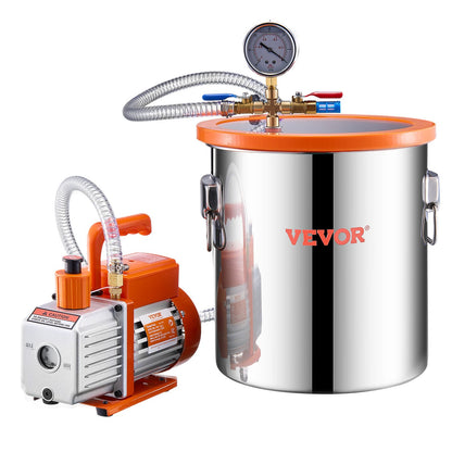 5 Gallon Vacuum Chamber and 3.5 CFM Pump Kit, Stainless Steel Chamber, Single Stage Vacuum Pump Degassing Chamber Kit, with Acrylic Lid, Oil, 4.92 ft Hose, for Degassing Resin Silicone Epoxies