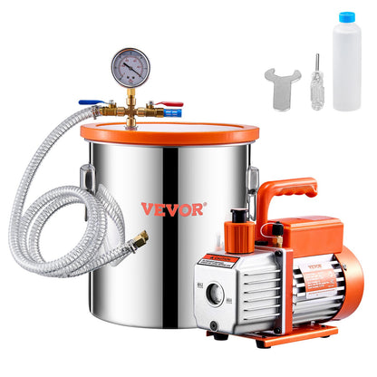 5 Gallon Vacuum Chamber and 3.5 CFM Pump Kit, Stainless Steel Chamber, Single Stage Vacuum Pump Degassing Chamber Kit, with Acrylic Lid, Oil, 4.92 ft Hose, for Degassing Resin Silicone Epoxies