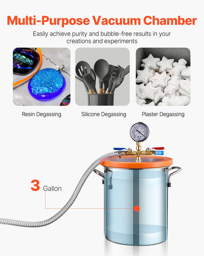 3 Gallon Vacuum Chamber and 3.5 CFM Pump Kit, Stainless Steel Chamber, Single Stage Vacuum Pump Degassing Chamber Kit, with Acrylic Lid, Oil, 4.92 ft Hose, for Degassing Resin Silicone Epoxies