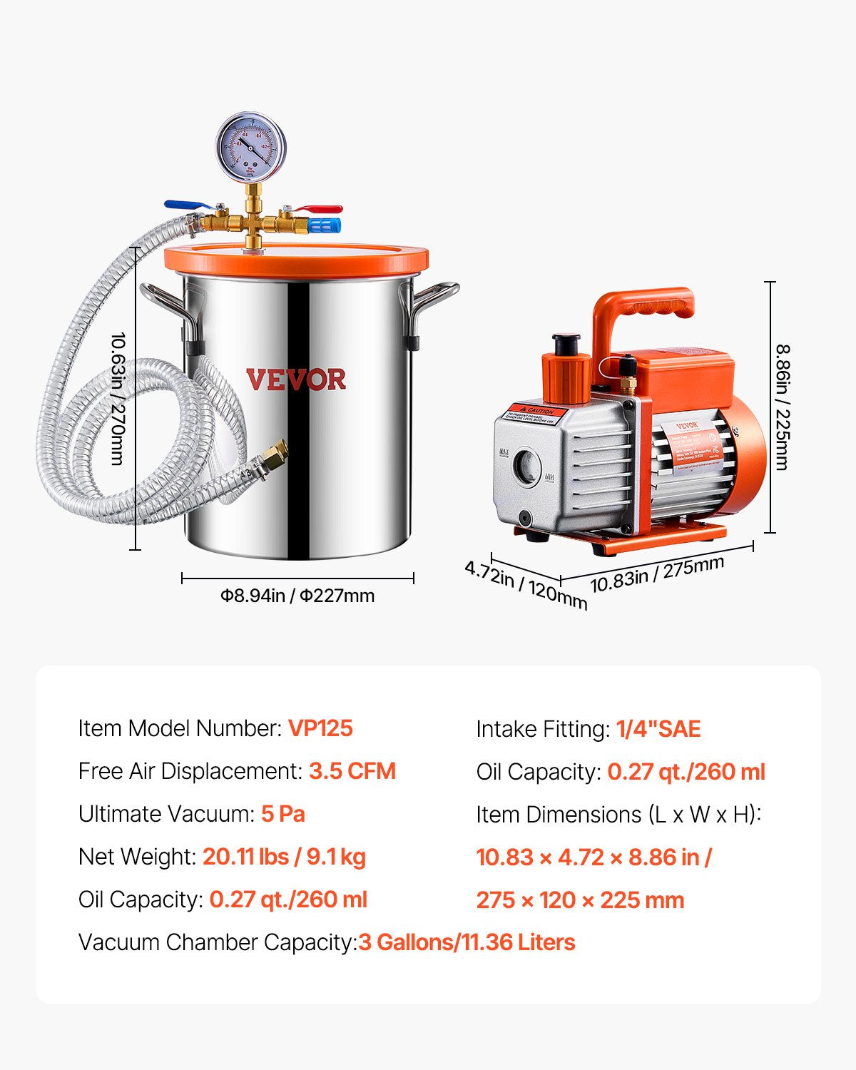 3 Gallon Vacuum Chamber and 3.5 CFM Pump Kit, Stainless Steel Chamber, Single Stage Vacuum Pump Degassing Chamber Kit, with Acrylic Lid, Oil, 4.92 ft Hose, for Degassing Resin Silicone Epoxies