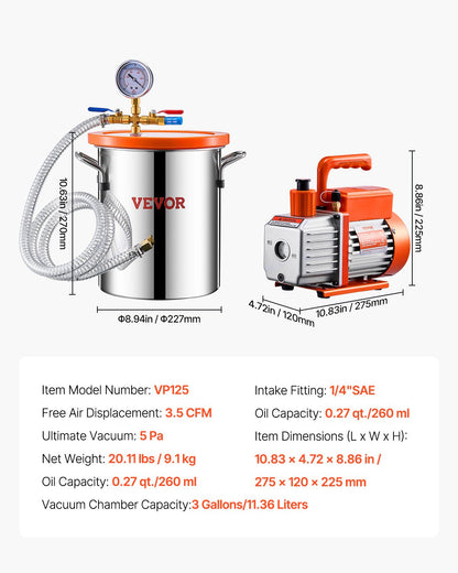 3 Gallon Vacuum Chamber and 3.5 CFM Pump Kit, Stainless Steel Chamber, Single Stage Vacuum Pump Degassing Chamber Kit, with Acrylic Lid, Oil, 4.92 ft Hose, for Degassing Resin Silicone Epoxies