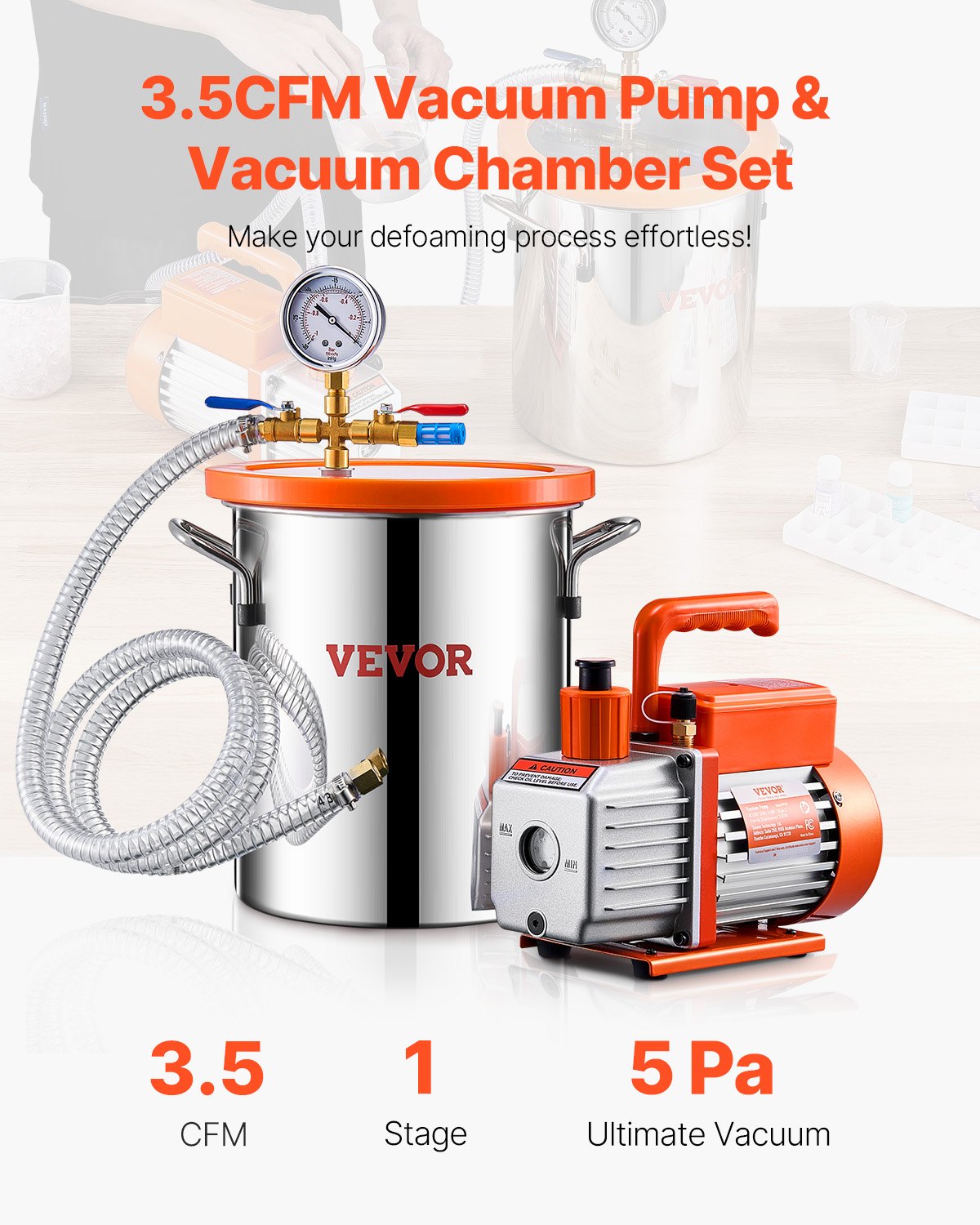 1.5 Gallon Vacuum Chamber 3.5 CFM Single Stage Pump for Degassing Chamber