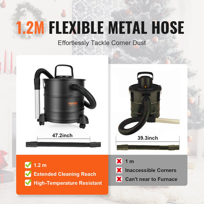 Aschesauger, 20 L mit 1200W starker Saugleistung, Aschesauger mit 1,2 M flexiblem Schlauch und Rädern, für Kamine, Pelletöfen, Holzöfen, Holzherde, Grills, Pizzaöfen, Kamine