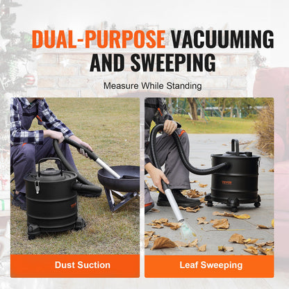 Aschesauger, 20 L mit 1200W starker Saugleistung, Aschesauger mit 1,2 M flexiblem Schlauch und Rädern, für Kamine, Pelletöfen, Holzöfen, Holzherde, Grills, Pizzaöfen, Kamine