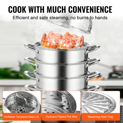 Dumpling Steamer Stainless Steel 5 Titers Stainless Steel Steamer Work For Cooking 30cm/11.8inch Food Steamer Pot with Gas Electric Grill Stove (Dia 30cm)