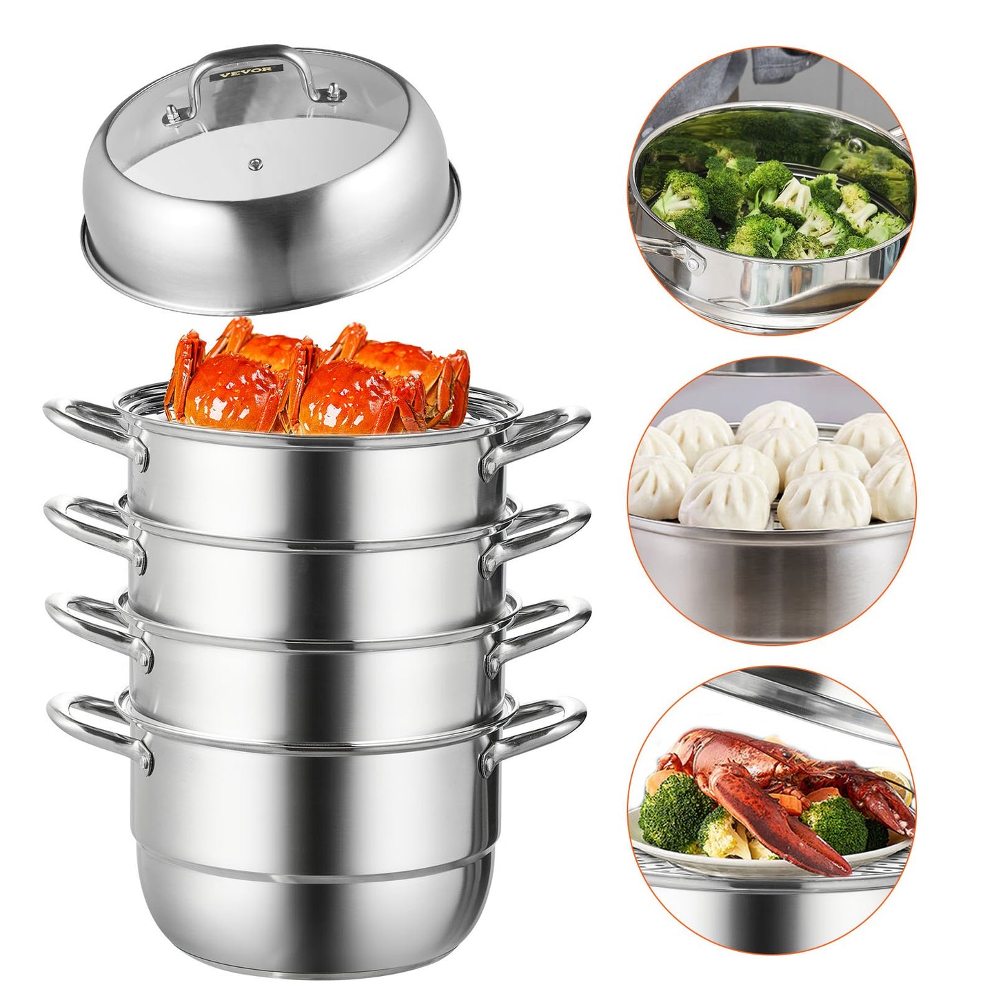 Dumpling Steamer Stainless Steel 5 Titers Stainless Steel Steamer Work For Cooking 30cm/11.8inch Food Steamer Pot with Gas Electric Grill Stove (Dia 30cm)