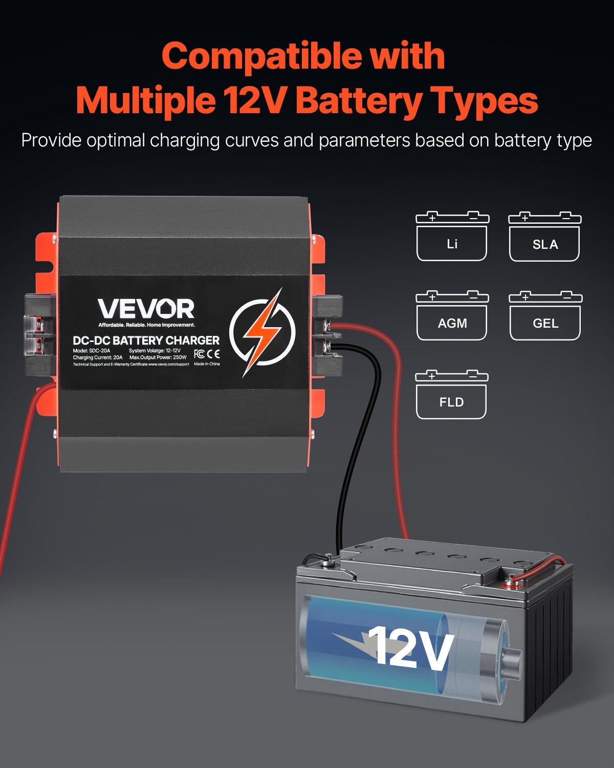 12V 20A DC to DC Battery Charger, 250W, On-Board Battery Charger for Lead-Acid, Lithium, AGM, GEL, and Flooded Batteries, Smart Multi-Stage Charging, for RVs, Commercial Vehicles, Boats, Yachts