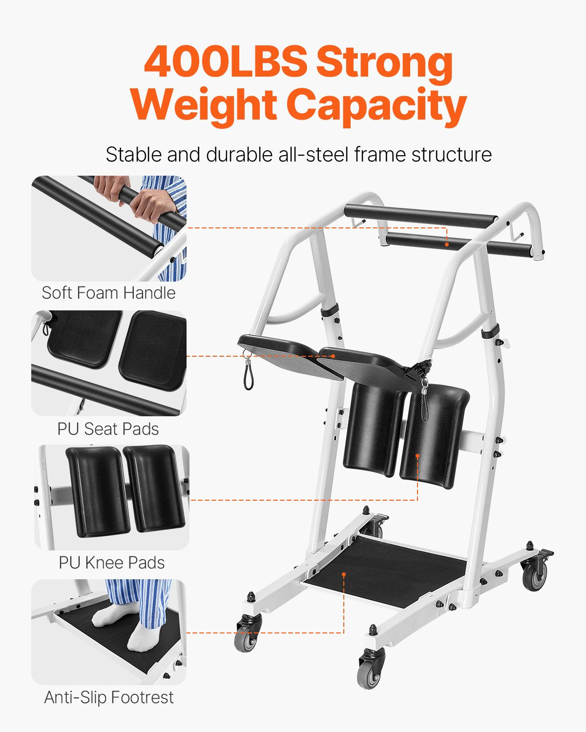 Stand Assist Patient Lift, Easy Sit-to-Stand Transfer Chair for Seniors Disabled - with Adjustable Knee Pads, PU Seat Pad & Lockable Wheels, 400 lbs Strong Capacity for Home Nursing Care