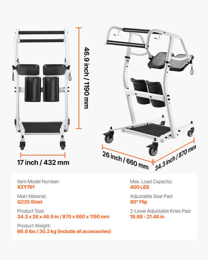 Stand Assist Patient Lift, Easy Sit-to-Stand Transfer Chair for Seniors Disabled - with Adjustable Knee Pads, PU Seat Pad & Lockable Wheels, 400 lbs Strong Capacity for Home Nursing Care