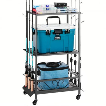 Fishing Rod Holder for 10-Rods, Mobile Fishing Pole Rack Cart with Wheels, Fish Gear Equipment Organizer for Garage Home Indoor Use, for Tackle Box Reel Accessories Storage, Gifts for Men