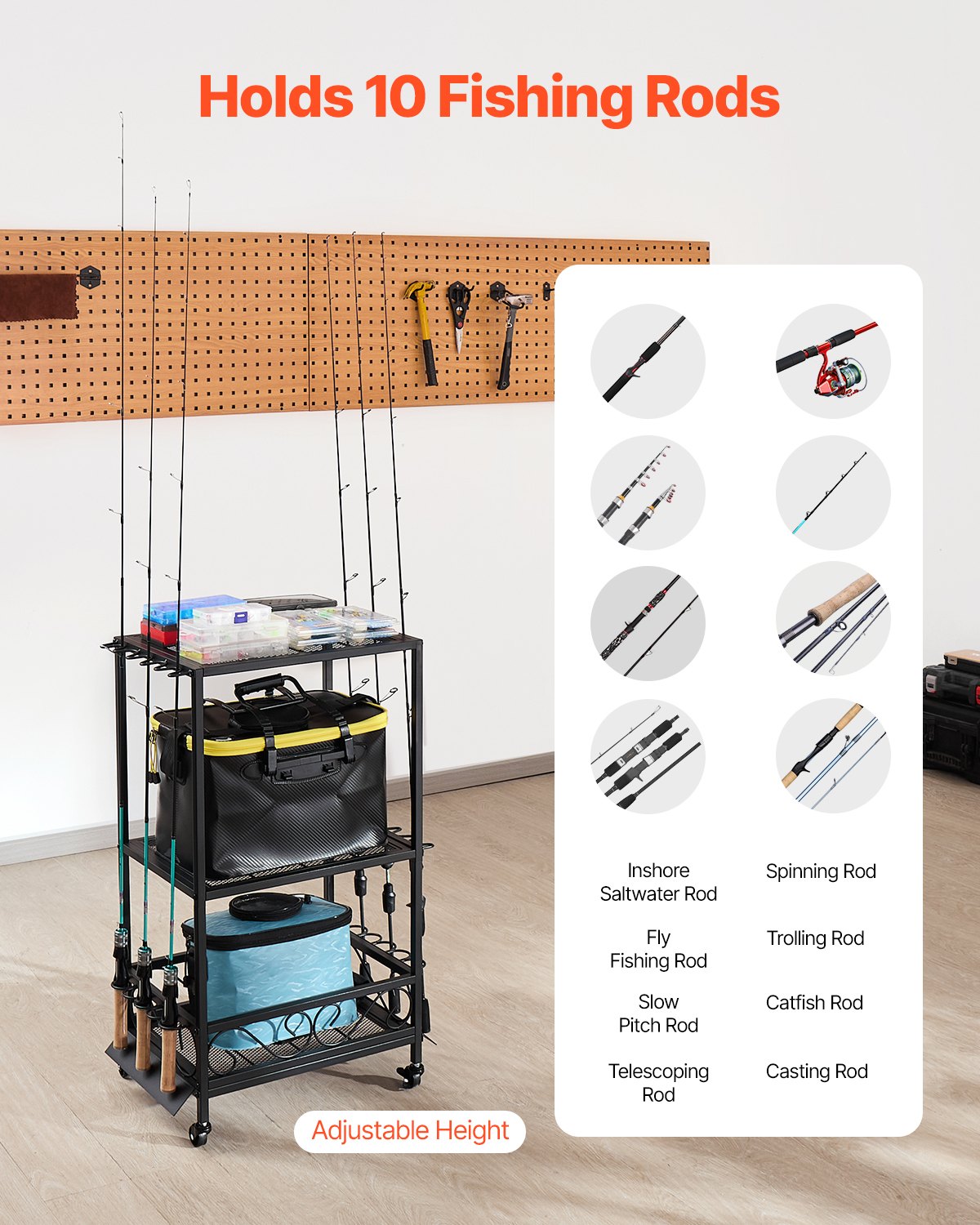 Fishing Rod Holder for 10-Rods, Mobile Fishing Pole Rack Cart with Wheels, Fish Gear Equipment Organizer for Garage Home Indoor Use, for Tackle Box Reel Accessories Storage, Gifts for Men