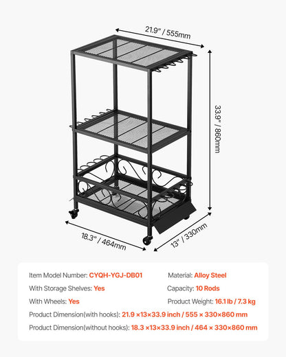 Fishing Rod Holder for 10-Rods, Mobile Fishing Pole Rack Cart with Wheels, Fish Gear Equipment Organizer for Garage Home Indoor Use, for Tackle Box Reel Accessories Storage, Gifts for Men