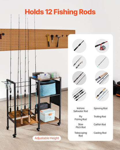 Fishing Rod Holder for 12-Rods, Mobile Fishing Pole Rack Cart with Wheels, Fish Gear Equipment Organizer for Garage Home Indoor Use, for Tackle Box Reel Accessories Storage, Gifts for Men