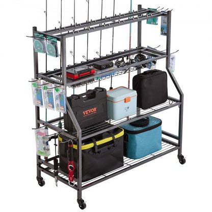 Fishing Rod Holder for 15-Rods, Mobile Fishing Pole Rack Cart with Wheels, Fish Gear Equipment Organizer for Garage Home Indoor Use, for Tackle Box Reel Accessories Storage, Gifts for Men