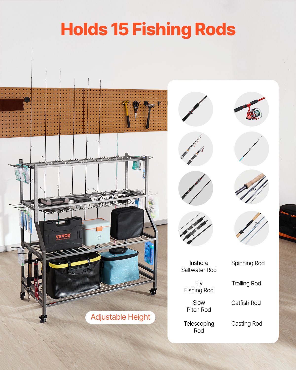 Fishing Rod Holder for 15-Rods, Mobile Fishing Pole Rack Cart with Wheels, Fish Gear Equipment Organizer for Garage Home Indoor Use, for Tackle Box Reel Accessories Storage, Gifts for Men