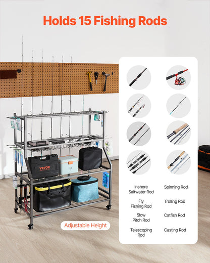 Fishing Rod Holder for 15-Rods, Mobile Fishing Pole Rack Cart with Wheels, Fish Gear Equipment Organizer for Garage Home Indoor Use, for Tackle Box Reel Accessories Storage, Gifts for Men