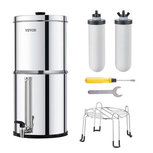 Gravity-fed Water Filter System, 2.25G 304 Stainless-Steel Countertop Water Filtration System, Reduces Lead and up to 99% of Chlorine, with 2 Ceramic Carbon Filters, Water Level Spigot, Stand