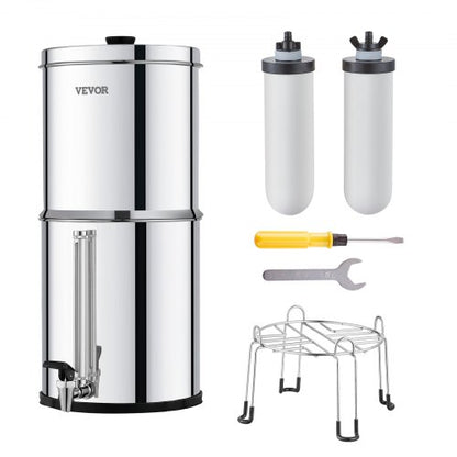 Gravity-fed Water Filter System, 2.25G 304 Stainless-Steel Countertop Water Filtration System, Reduces Lead and up to 99% of Chlorine, with 2 Ceramic Carbon Filters, Water Level Spigot, Stand