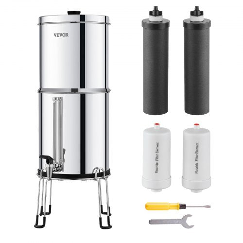 Gravity-fed Water Filter System, 2.25G 304 Stainless-Steel Countertop Filtration System, Reduces Lead and up to 99% of Chlorine, with 2 Activated Carbon Filter, 2 Defluorination Filter, Spigot