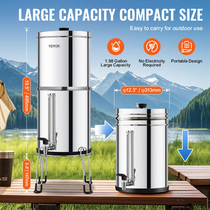 Gravity-fed Water Filter System, 2.25G 304 Stainless-Steel Countertop Filtration System, Reduces Lead and up to 99% of Chlorine, with 2 Activated Carbon Filter, 2 Defluorination Filter, Spigot