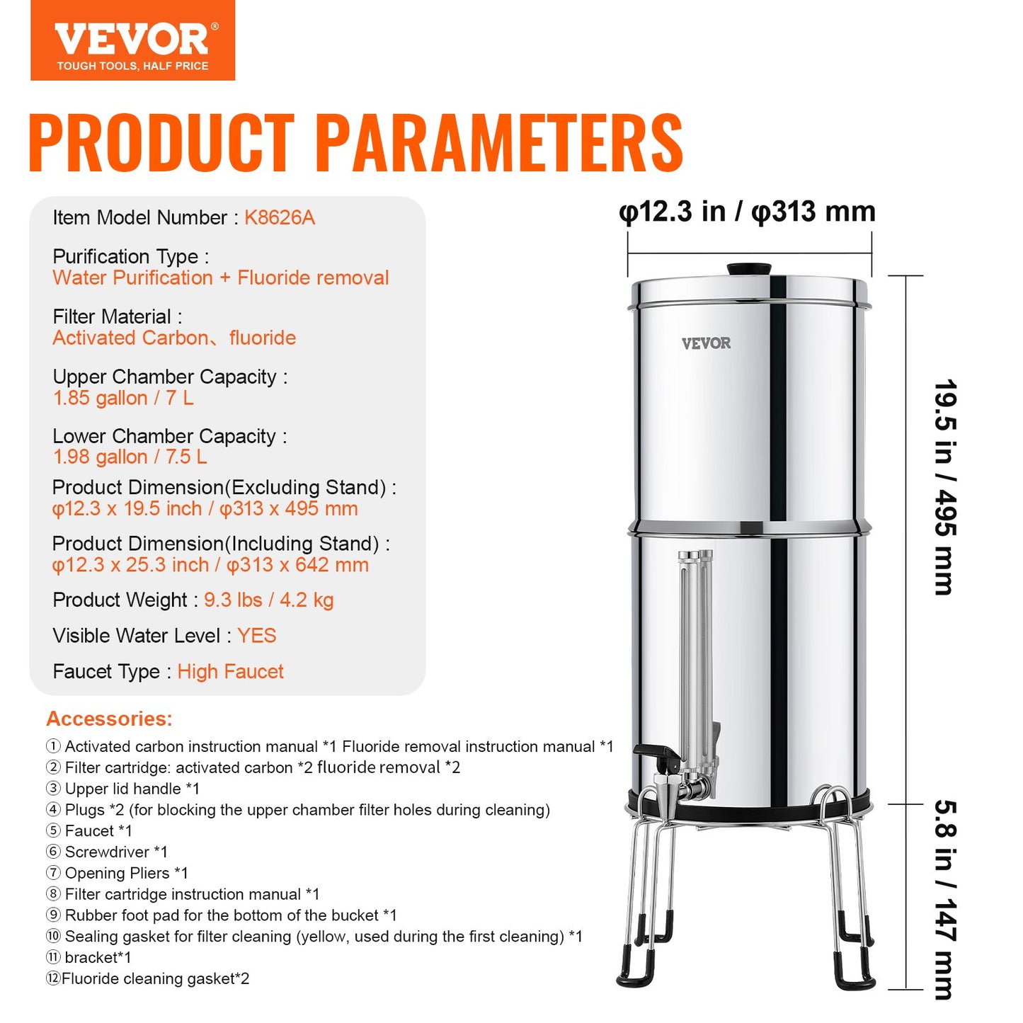 Gravity-fed Water Filter System, 2.25G 304 Stainless-Steel Countertop Filtration System, Reduces Lead and up to 99% of Chlorine, with 2 Activated Carbon Filter, 2 Defluorination Filter, Spigot