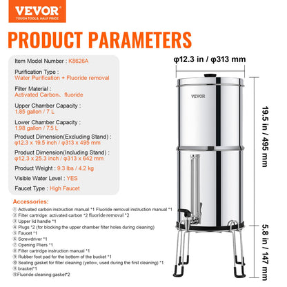 Gravity-fed Water Filter System, 2.25G 304 Stainless-Steel Countertop Filtration System, Reduces Lead and up to 99% of Chlorine, with 2 Activated Carbon Filter, 2 Defluorination Filter, Spigot