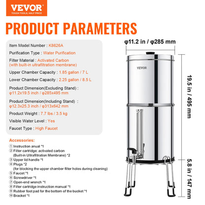 Gravity-fed Water Filter System, 2.25G 304 Stainless-Steel Countertop System, Water Filtration System, Reduces Lead and up to 99% of Chlorine, with 2 Carbon Filters, Water Level Spigot, Stand