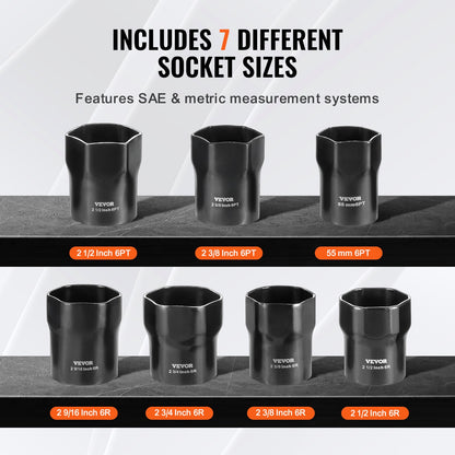 Wheel Bearing Locknut Socket Set, 1/2 inch Drive 7 Piece SAE and Metric 6-Point Socket for Ford, Dodge, and Toyota Vehicles, with Storage Case, Remove and Install Wheel Bearing Lock Nuts